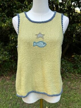 Planet Earth Imports Yellow Knit Tank Top with Blue Trim and Fish Appliqué